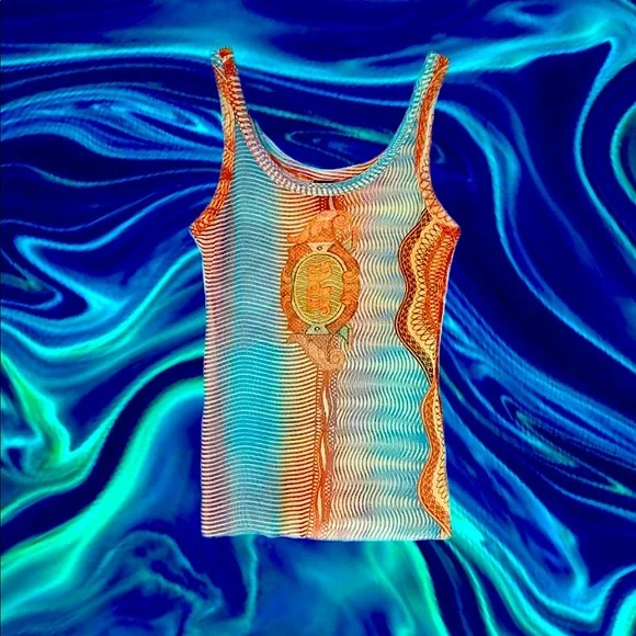 Jean Paul Gaultier Vintage Blue Orange Currency Money Runway Sleeveless Top - Picture 9 of 12